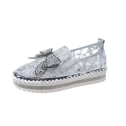 New Crystals Butterfly-knot Flat Platform Heels Half Slippers Women Bling Shoes