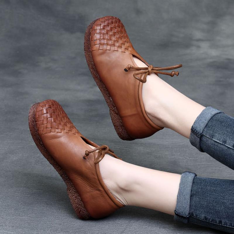 Handmade Leather Flats Women Oxford Tie Casual Walking Shoes