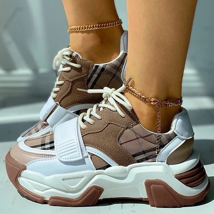 Plaid Print Velcro Lace-up Muffin Sneaker