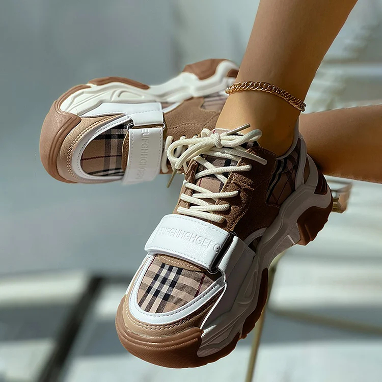 Plaid Print Velcro Lace-up Muffin Sneaker