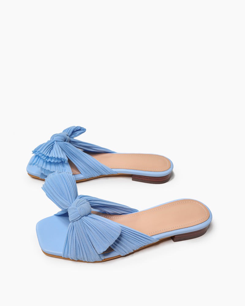 Pleated Bow Open Toe Comfort Slip On Slide Flat Sandals