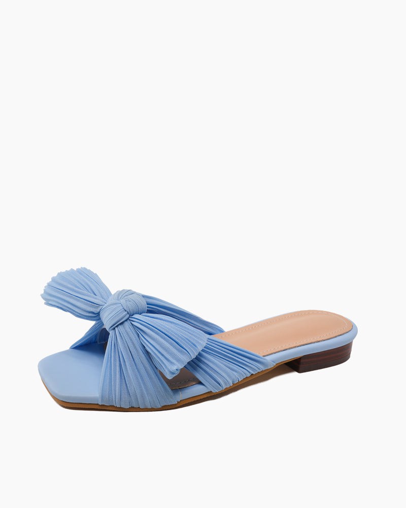 Pleated Bow Open Toe Comfort Slip On Slide Flat Sandals