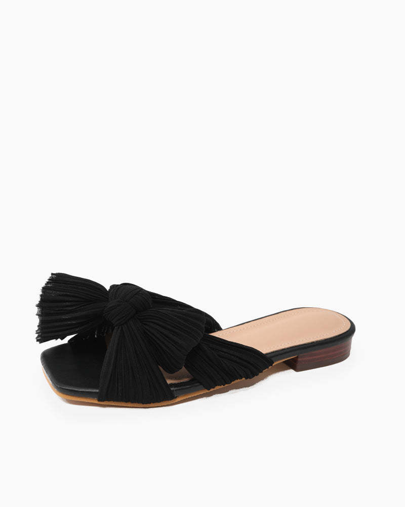 Pleated Bow Open Toe Comfort Slip On Slide Flat Sandals