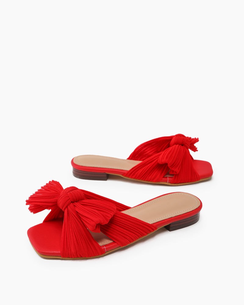 Pleated Bow Open Toe Comfort Slip On Slide Flat Sandals
