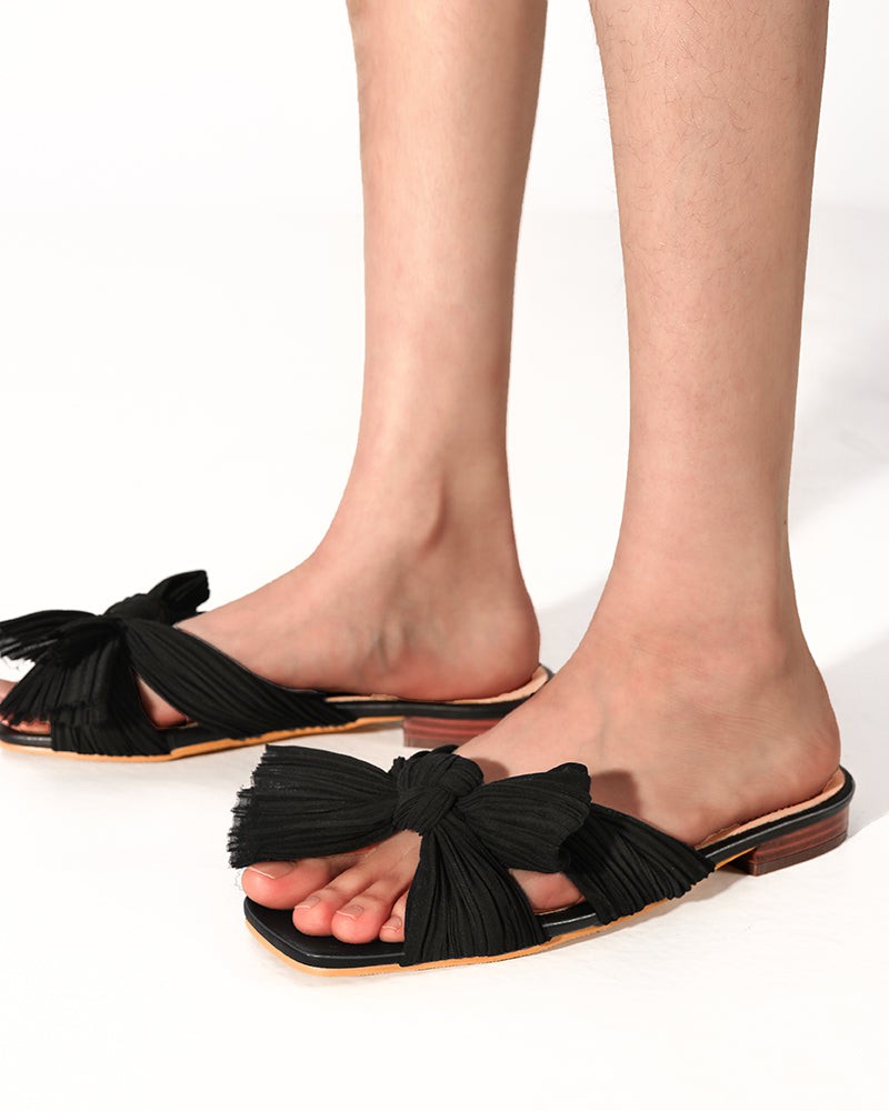 Pleated Bow Open Toe Comfort Slip On Slide Flat Sandals
