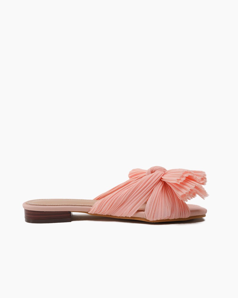 Pleated Bow Open Toe Comfort Slip On Slide Flat Sandals