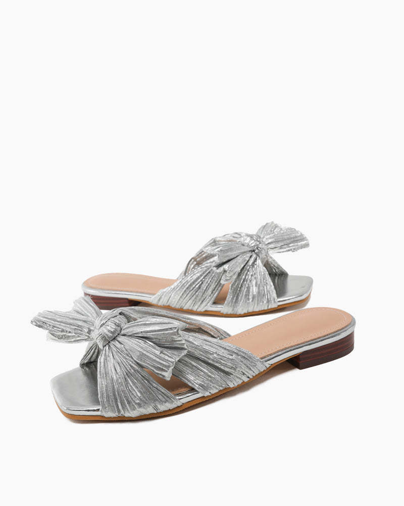Pleated Bow Open Toe Comfort Slip On Slide Flat Sandals
