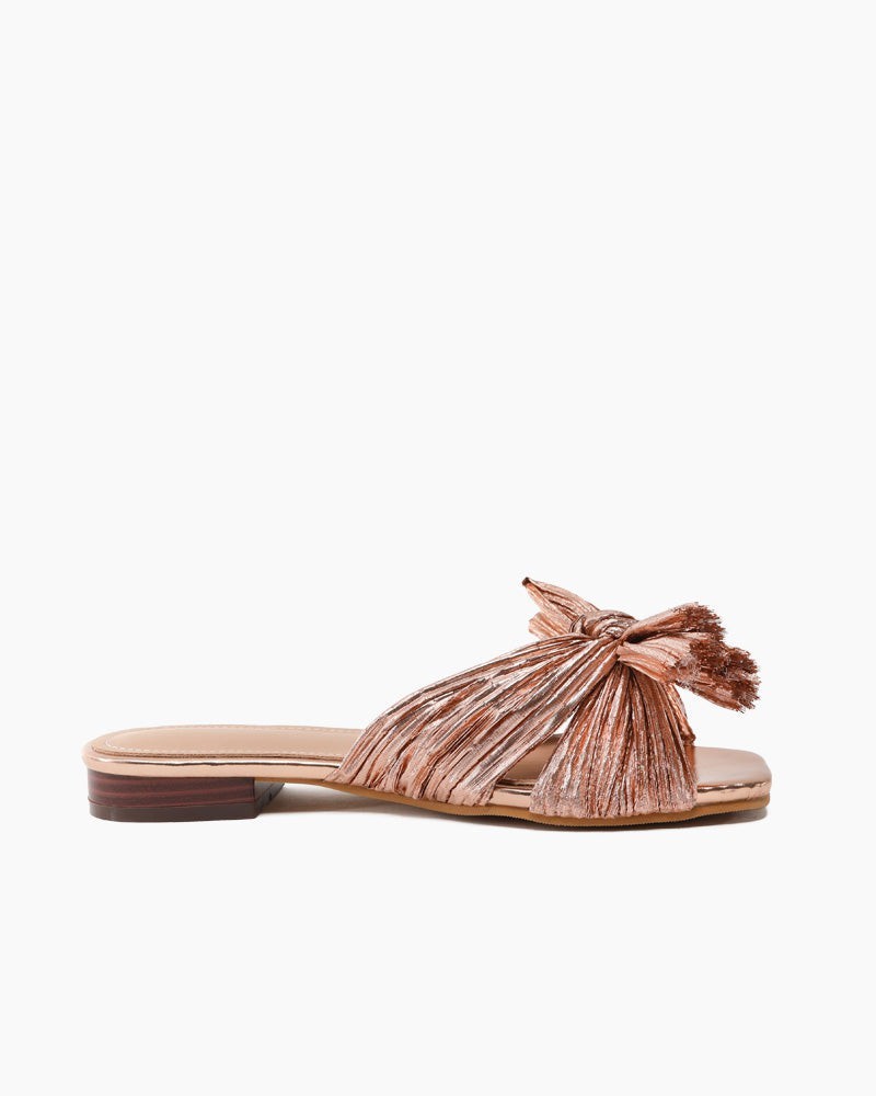 Pleated Bow Open Toe Comfort Slip On Slide Flat Sandals