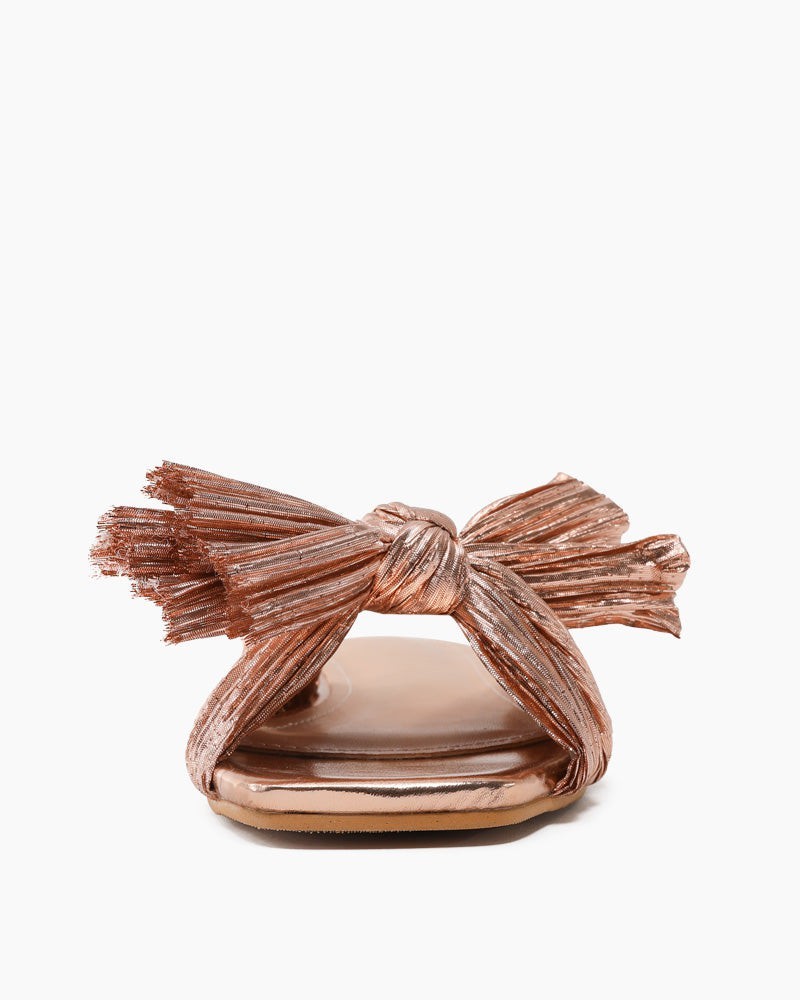 Pleated Bow Open Toe Comfort Slip On Slide Flat Sandals