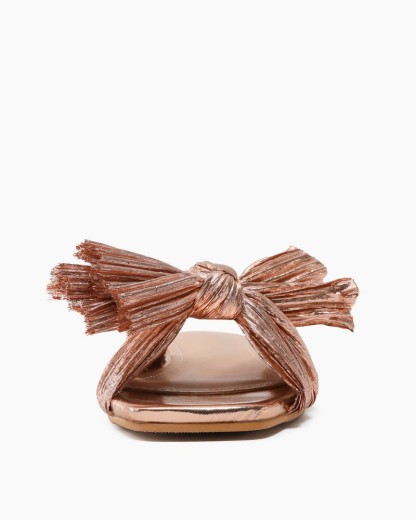 Pleated Bow Open Toe Comfort Slip On Slide Flat Sandals