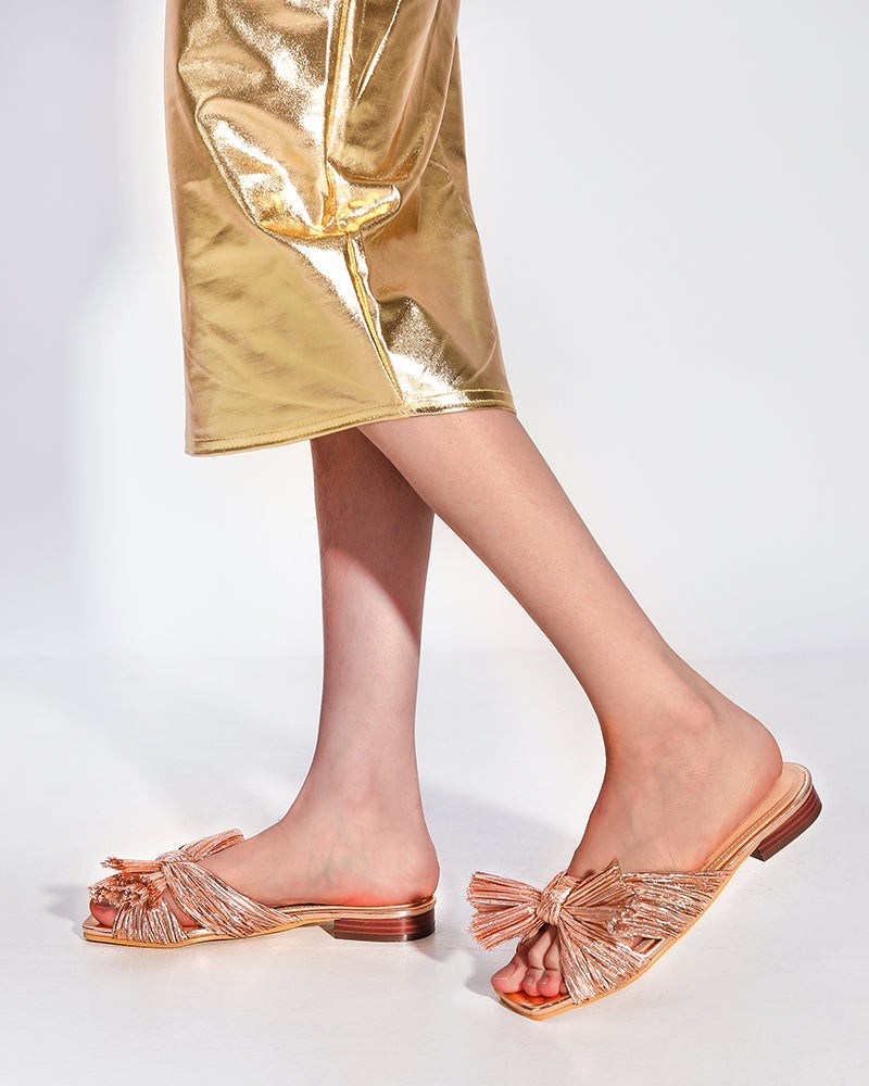 Pleated Bow Open Toe Comfort Slip On Slide Flat Sandals