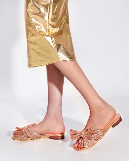 Pleated Bow Open Toe Comfort Slip On Slide Flat Sandals