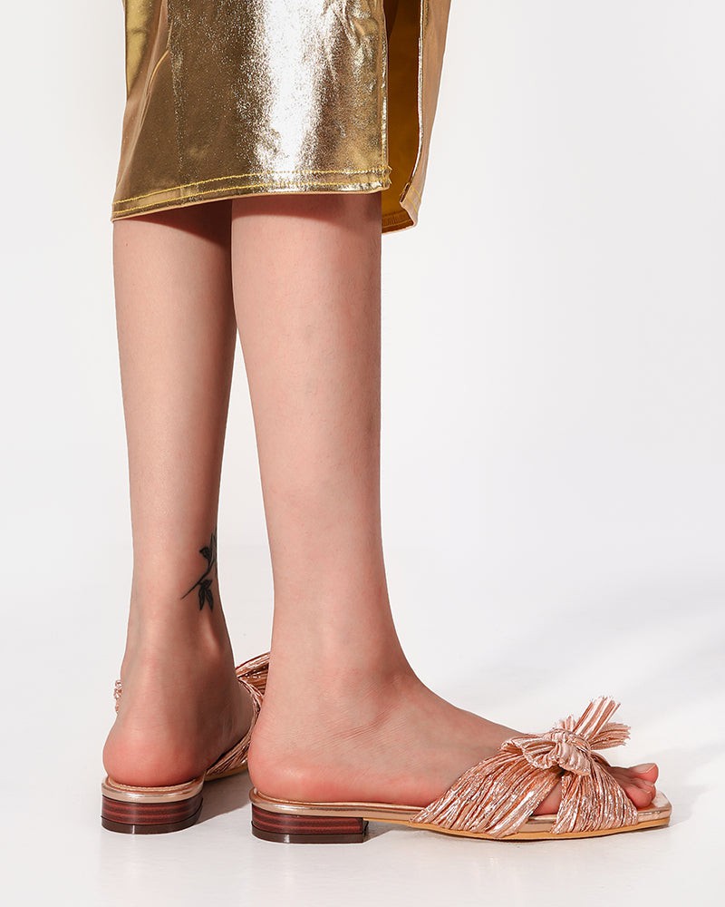 Pleated Bow Open Toe Comfort Slip On Slide Flat Sandals