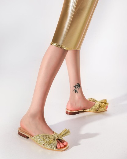 Pleated Bow Open Toe Comfort Slip On Slide Flat Sandals