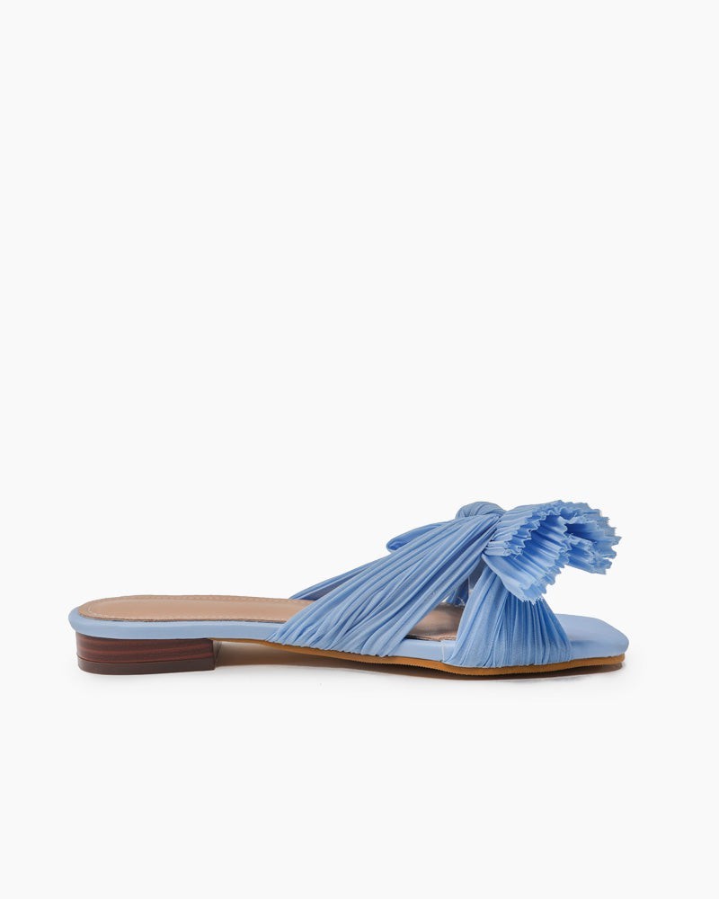 Pleated Bow Open Toe Comfort Slip On Slide Flat Sandals