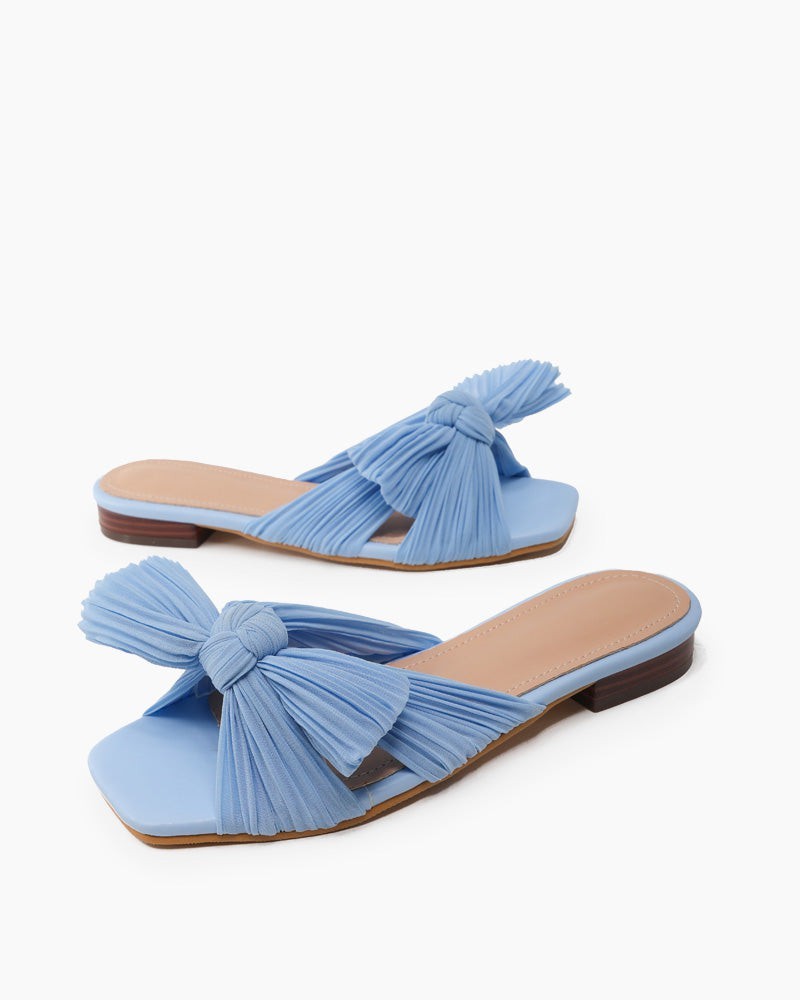Pleated Bow Open Toe Comfort Slip On Slide Flat Sandals