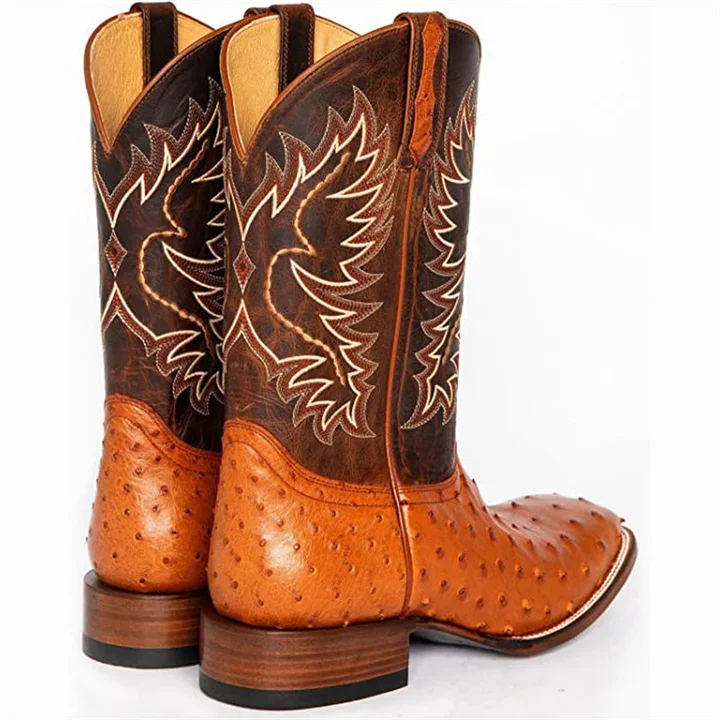 Retro Ostrich Tobacco Exotic Square Toe Western Cowboy Boots