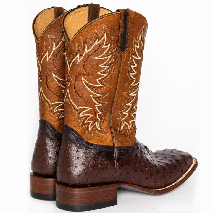 Retro Ostrich Tobacco Exotic Square Toe Western Cowboy Boots