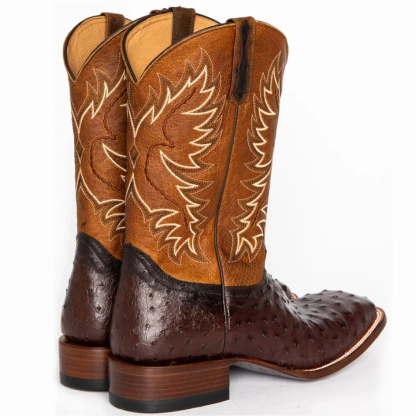 Retro Ostrich Tobacco Exotic Square Toe Western Cowboy Boots