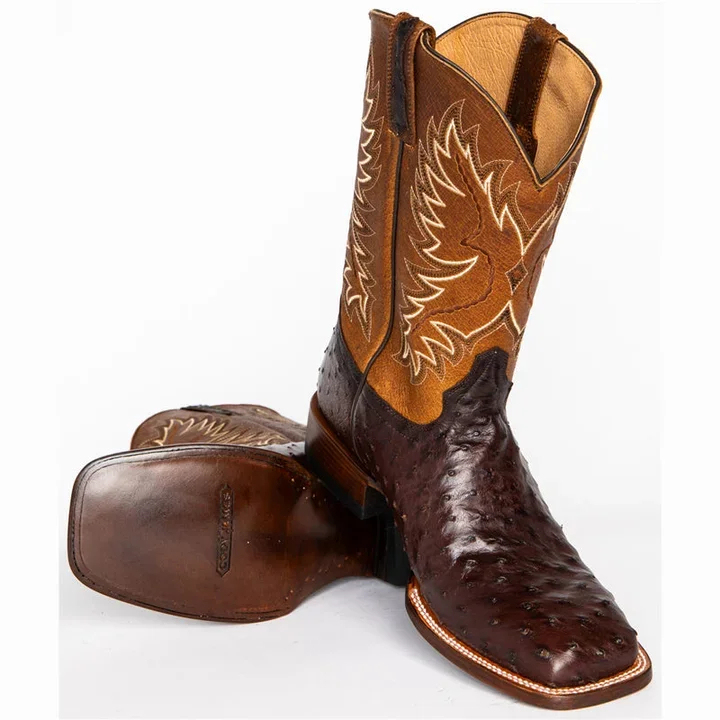 Retro Ostrich Tobacco Exotic Square Toe Western Cowboy Boots