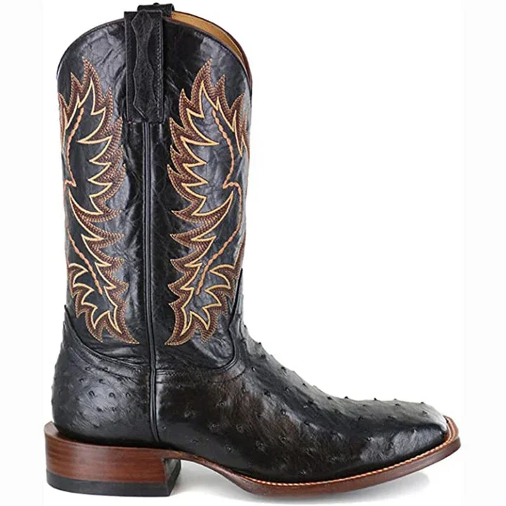 Retro Ostrich Tobacco Exotic Square Toe Western Cowboy Boots