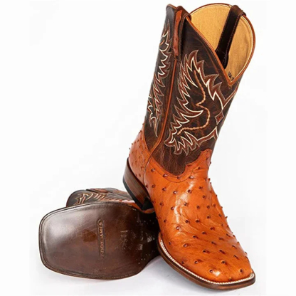 Retro Ostrich Tobacco Exotic Square Toe Western Cowboy Boots