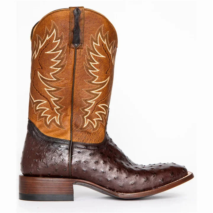 Retro Ostrich Tobacco Exotic Square Toe Western Cowboy Boots