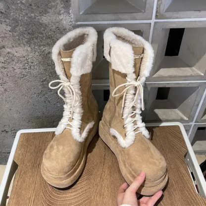 Vintage / Retro Tan Suede Street Wear Flat Winter Snow Boots 2024 Round Toe Womens Boots