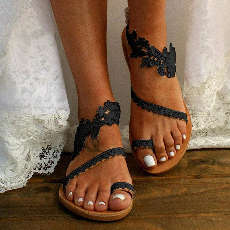 Women White Lace Boho Flat Sandals Beach Wedding Sandals Flower Pattern Slippers