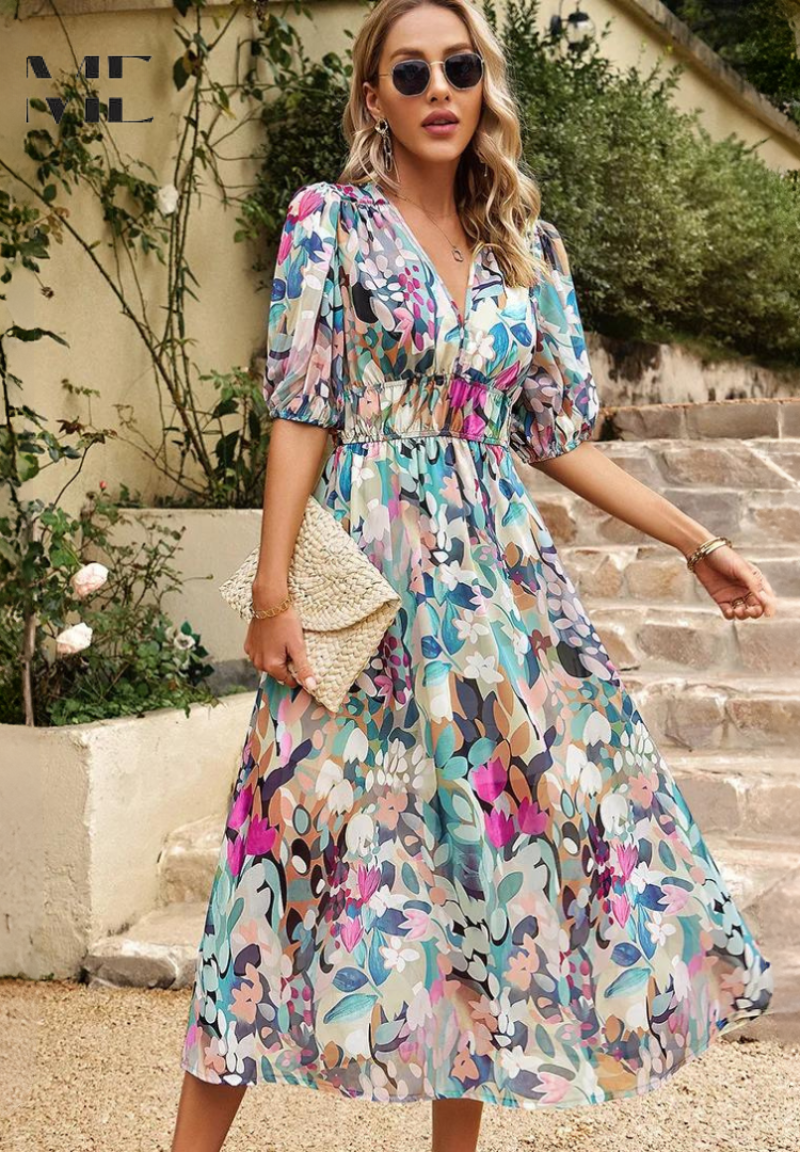 Elegant Floral Midi Dress with Puff Sleeves