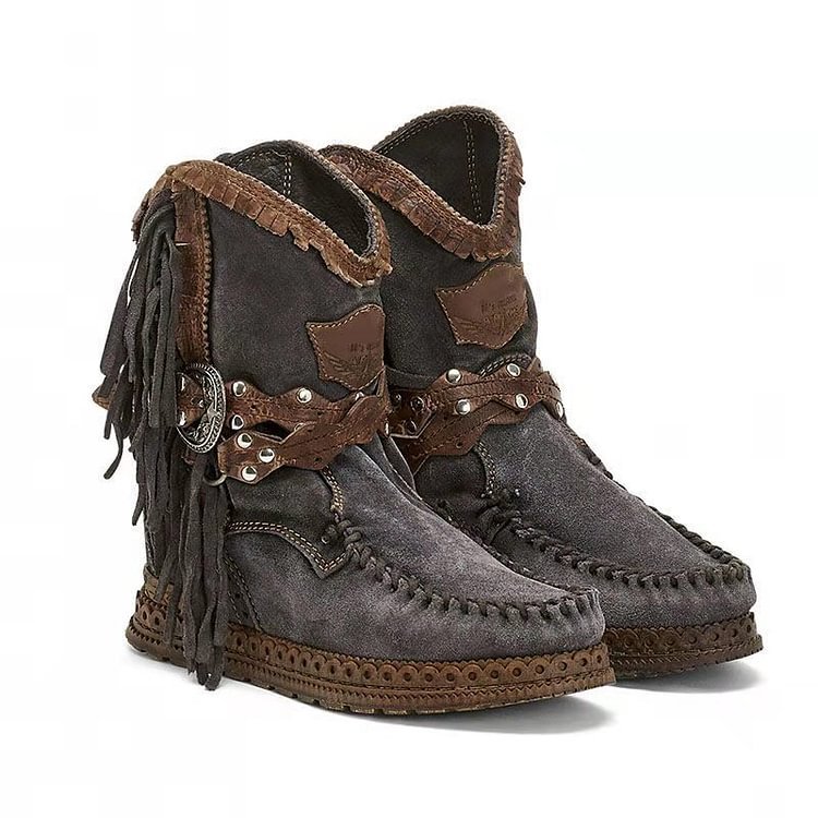 Women's Retro Leather Round-toe Flat Heel Tassel Boots