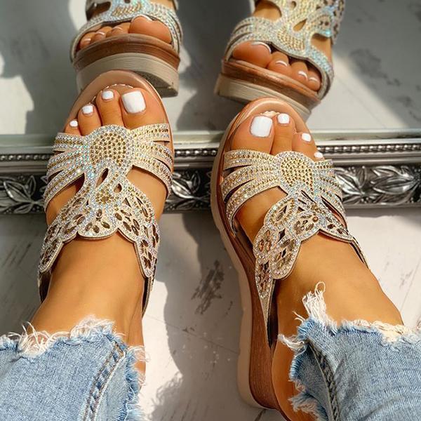 Rhinestone Platform Wedges Backless Slip-on Sandals