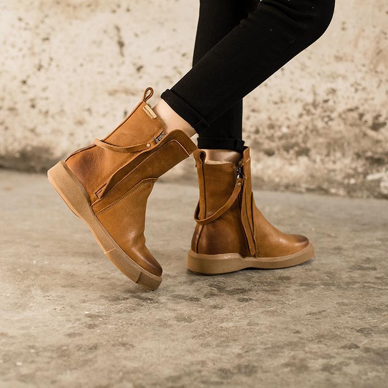 Waxing Leather Chelsea Boots Handmade British Boots Double Zip Fleece Lined Snow Boots