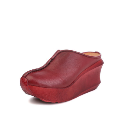 Women Handmade Retro Leather Platforms Wedges Slippers Red/Coffee