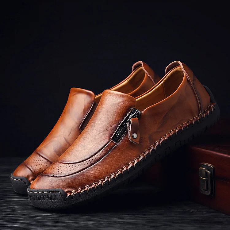 Men Hand Stitching Zipper Slip-ons Leather Shoes