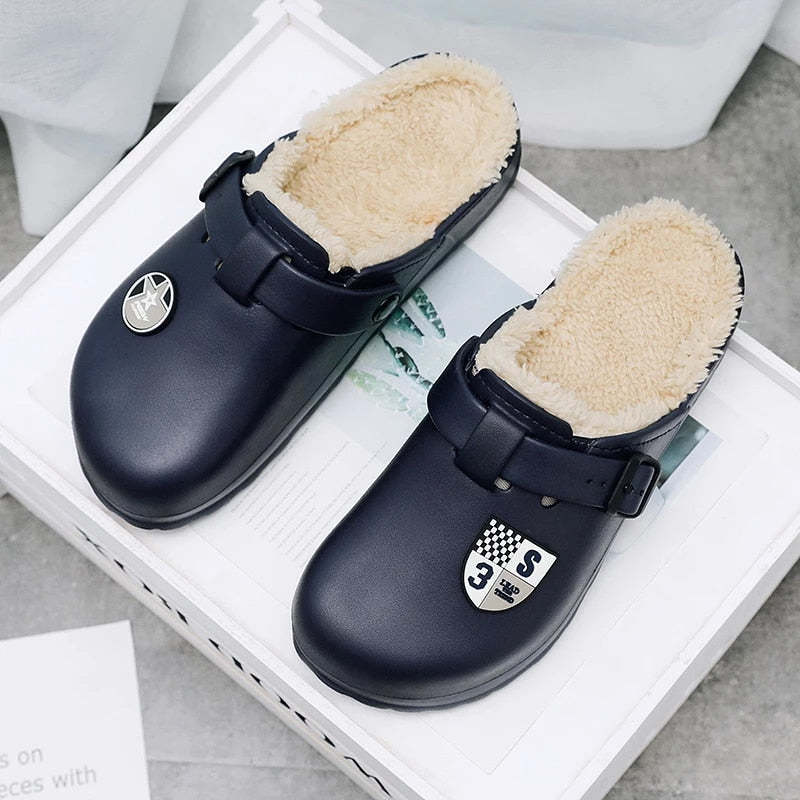 Men Fluffy Plush Slippers PU Winter Mule Clogs