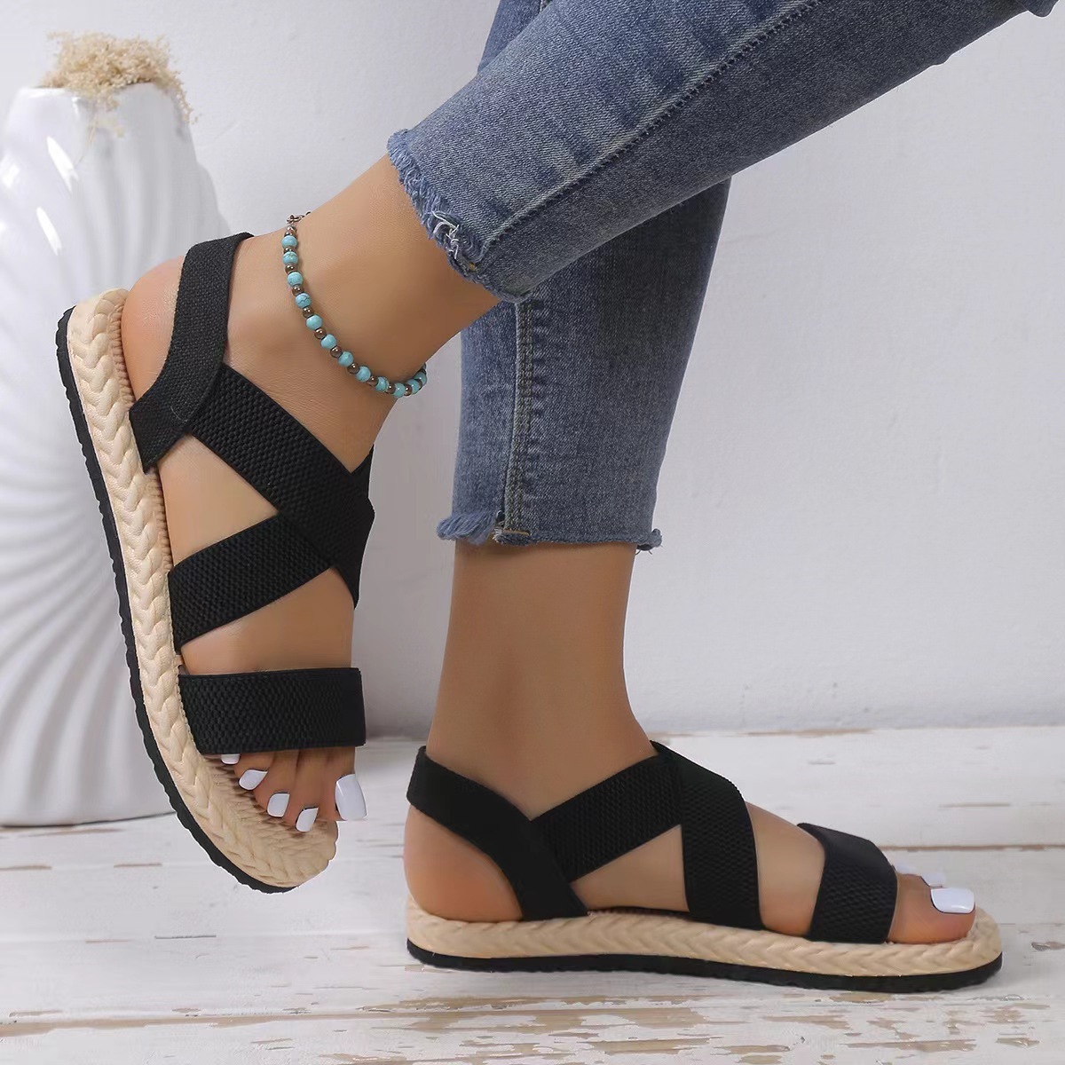 Women's Orthopedic Stretch Sandals Cork Espadrille Roman Sandals
