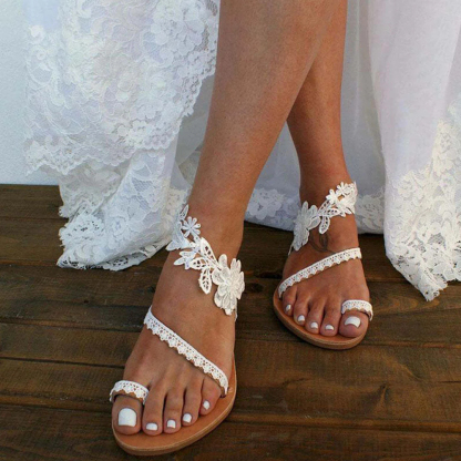 Women White Lace Boho Flat Sandals Beach Wedding Sandals Flower Pattern Slippers