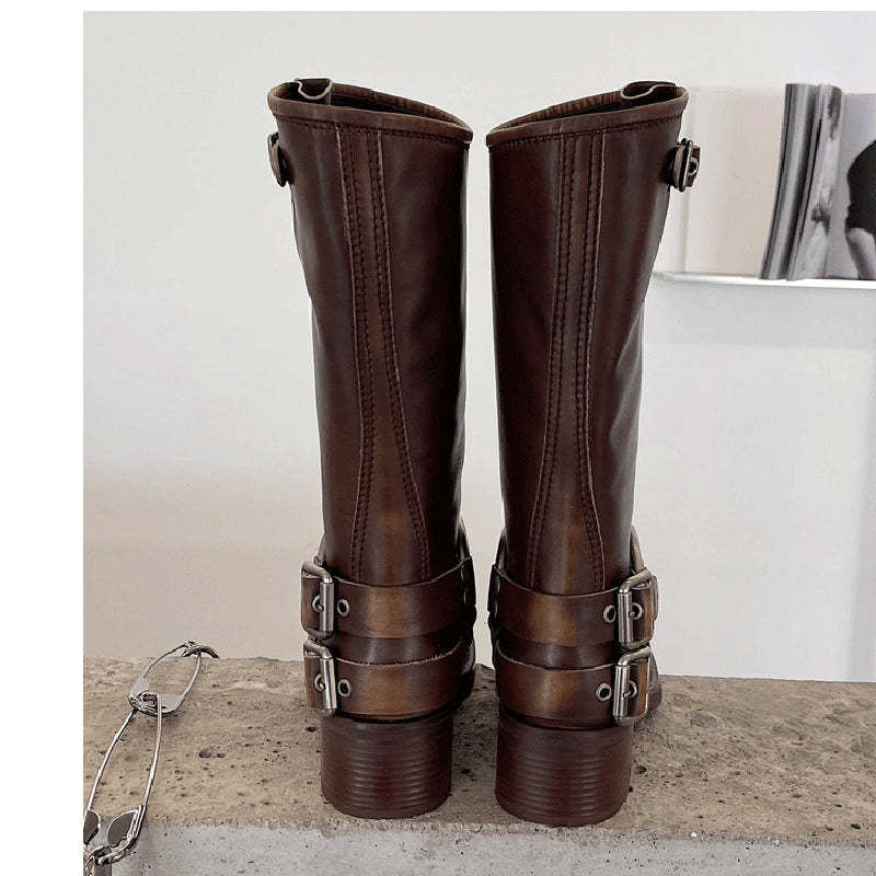 Genuine Leather Tall Boots For Women Western Cowboy Boots Riding Boots Big Round Toe