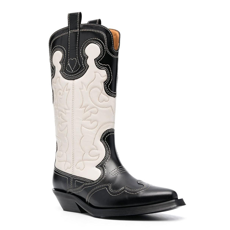 Womens Contrasting Embroidery Western Boots Mid Calf Leather Cowboy Boots in Blue/Brown/Black