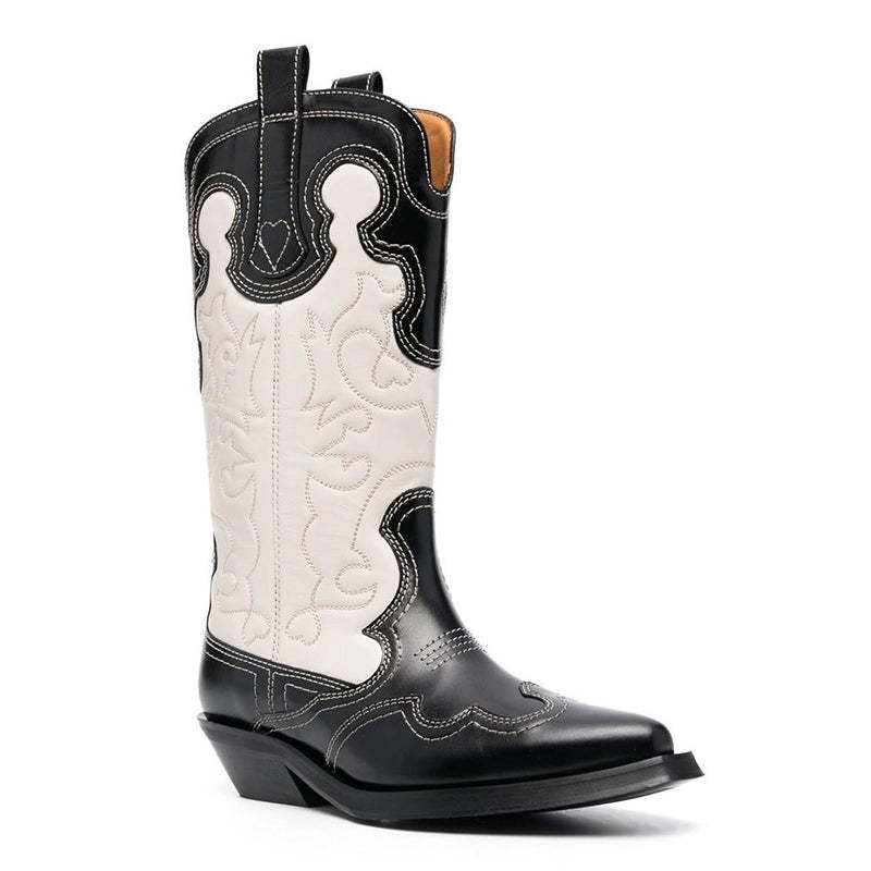 Womens Contrasting Embroidery Western Boots Mid Calf Leather Cowboy Boots in Blue/Brown/Black