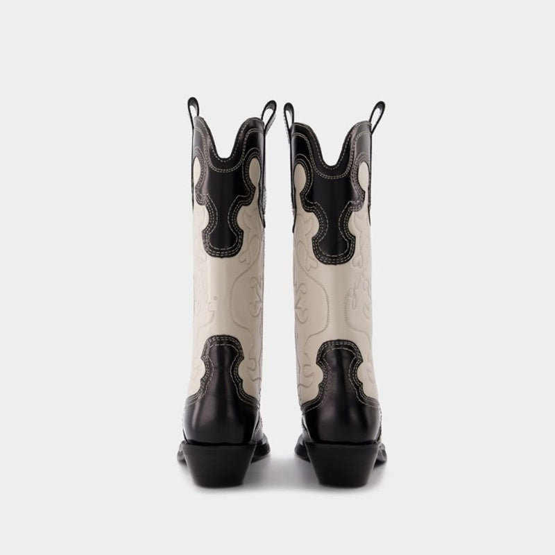 Womens Contrasting Embroidery Western Boots Mid Calf Leather Cowboy Boots in Blue/Brown/Black