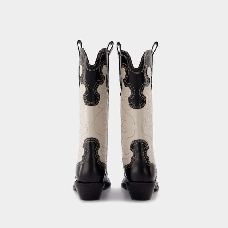 Womens Contrasting Embroidery Western Boots Mid Calf Leather Cowboy Boots in Blue/Brown/Black