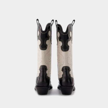 Womens Contrasting Embroidery Western Boots Mid Calf Leather Cowboy Boots in Blue/Brown/Black