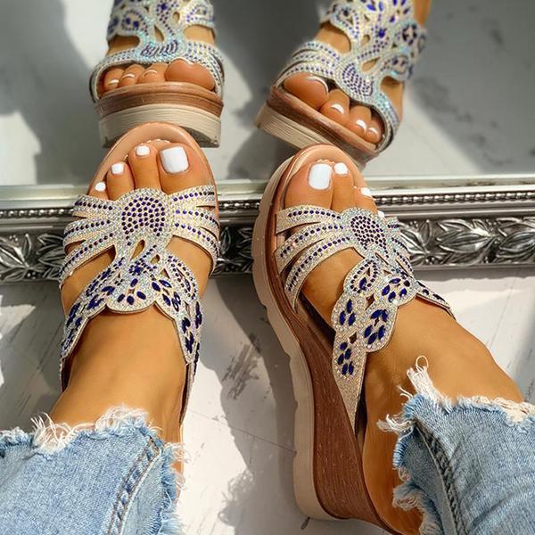 Rhinestone Platform Wedges Backless Slip-on Sandals