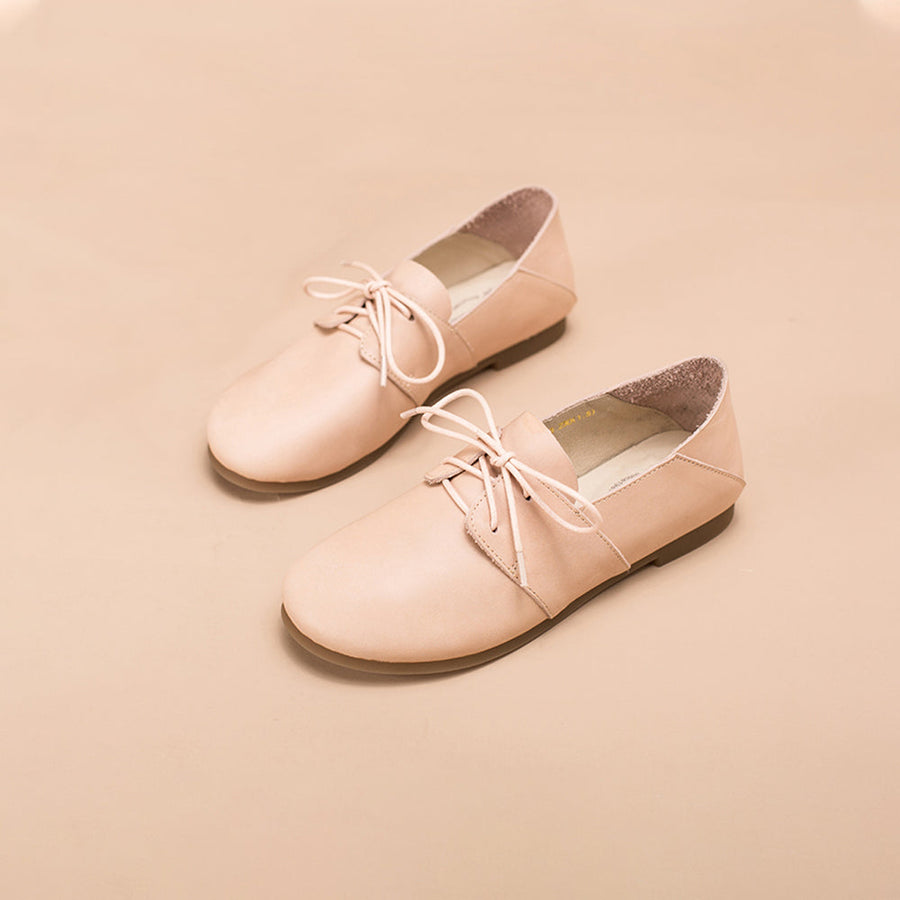 Soft Leather Lace Up Flats Women Yellow/White/Pink