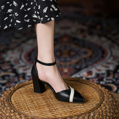 Women Mary Jane Pumps Pointed Toe Ankle Strap Buckle Chunky Block Heels