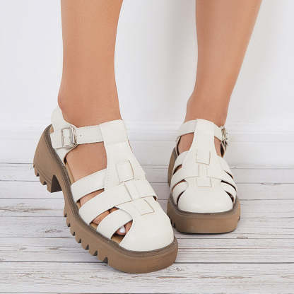 Closed Toe Slingback Mary Jane Shoes Chunky Heel T-Strap Sandals