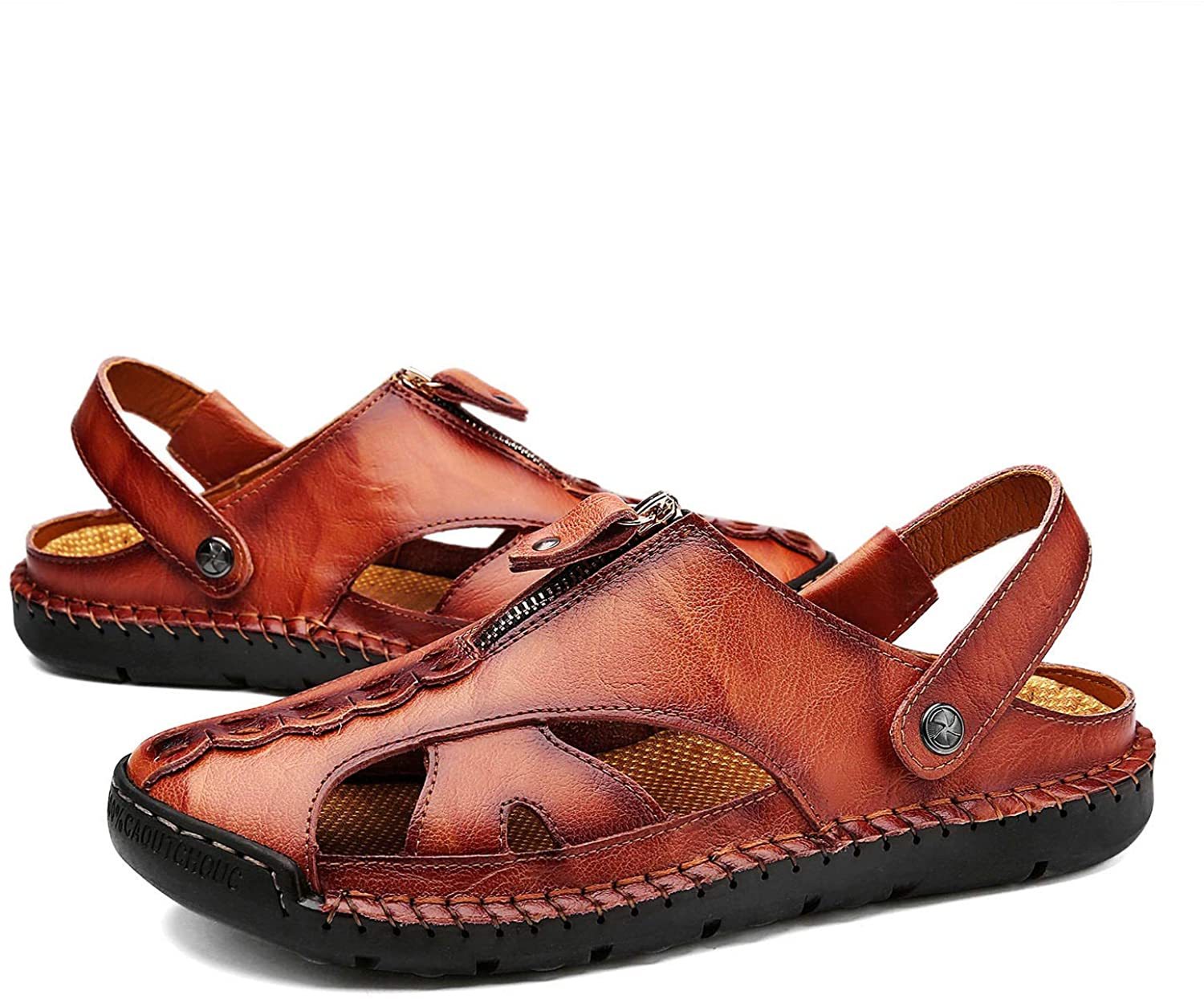 Men's Fisherman Beach Sandals Casual Closed Toe Leather Handmade Sandals Adjustable for Walking Outdoors