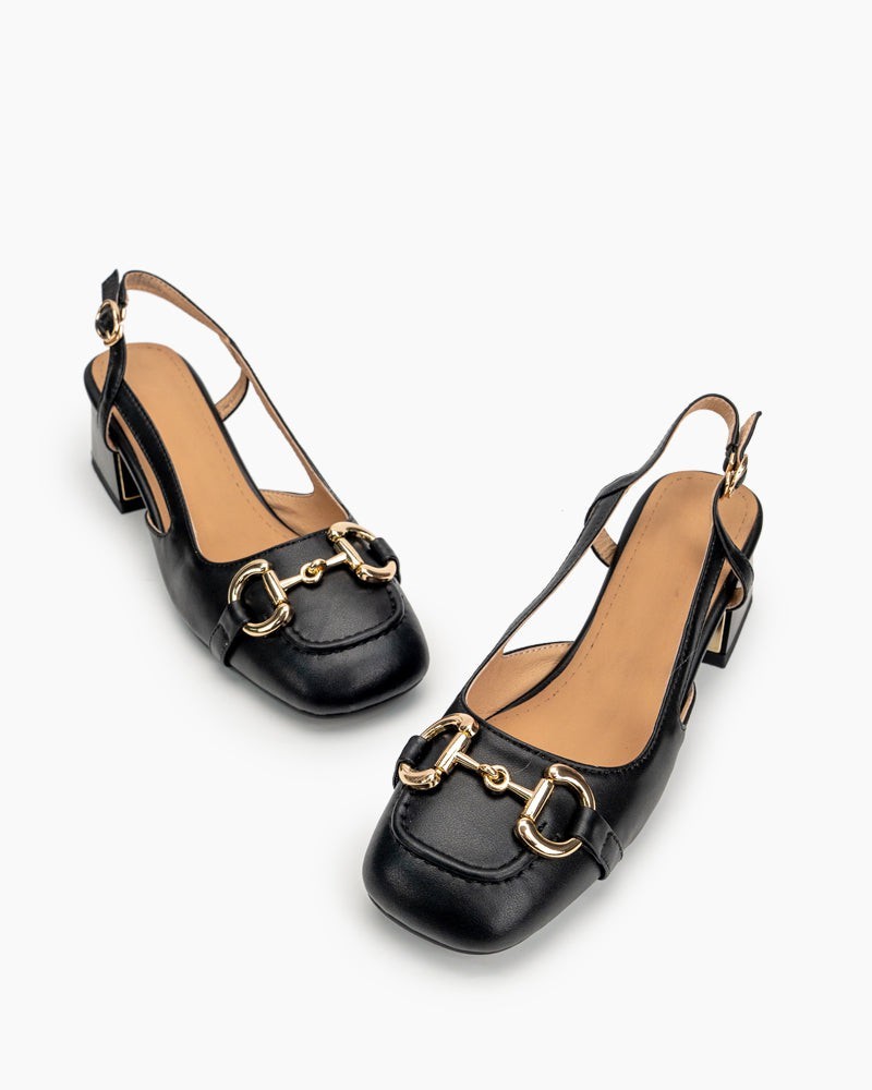 Classic Metal Buckle Slingback Low-Heel Chunky Heels Sandals